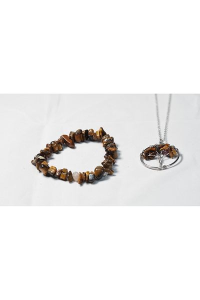 Efulim Hediyelik Natural Stone Double Set - Tiger Eye Bracelet & Tree of Life Necklace - Unisex Energy Jewelry