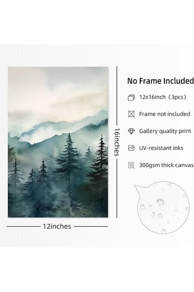 Generic Foggy Forest Wall Art Prints Watercolor Mountain Canvas Wall Decor Landscape Nature Poster Wall Art