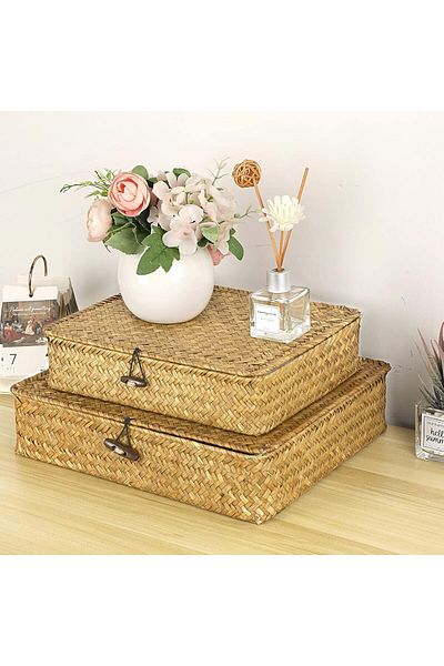 Generic Hipiwe Set of 2 Flat Woven Wicker Storage Bins with Lid Natural Seagrass Basket Boxes Multipurpose