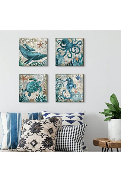 Generic Beach Ocean Turtles & Octopus Bathroom Wall Art Canvas Set, 4pcs 30x30cm, Blue-Green