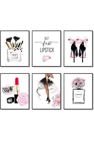 Generic مجموعة من 6 مطبوعات فنية جدارية عصرية من HoozGee، تتضمن مكياجًا ورديً...