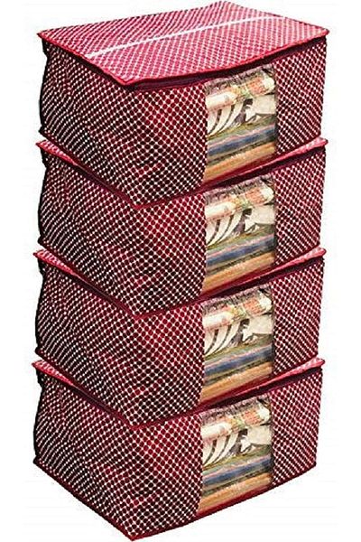 Generic Kuber Industries™ Cotton Quilted Clothes Organizer Set of 4 Pcs (Maroon)