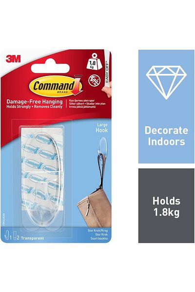 Generic Command Transparent Large Hook Clear color, 1 hook + 2 strips/pack | Holds 1.8 kg | Organize | Deco