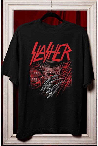 Fuddy Moda Tricou unisex Slasher Scris, Tricou supradimensionat cu tematică H...