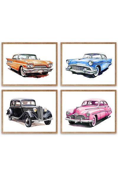 Generic Watercolor Classic Car Art Prints,Retro Old Cars Canvas Wall Art,Vintage Classic Car Wall Poster,Vi