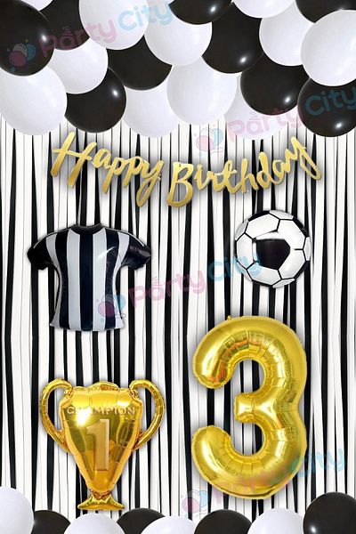 Party City 3 Years Old Black and White Birthday Party Ornaments |   Football Themed Balloon and Background Set