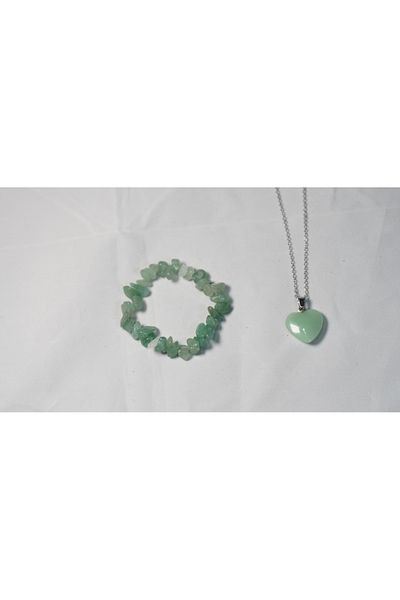 Efulim Hediyelik Natural Stone Double Set - Aventurine Bracelet & Heart Jade Necklace - Healing and Harmony Combination