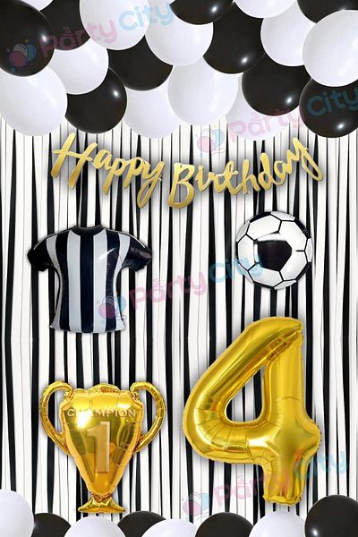 Party City 4 Years Old Black and White Birthday Party Ornaments |   Football Themed Balloon and Backdrop Set