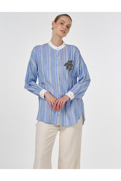 Kayra Judge Collar Embroidered Tunic Dust Smoke