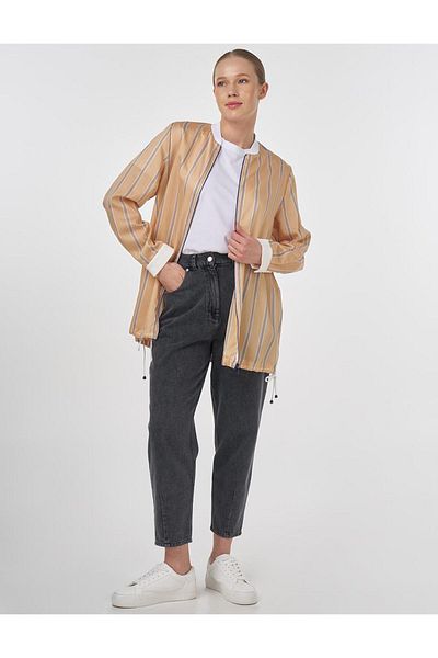 Kayra Skirt Lace up Stripe Pattern Tunic Beige