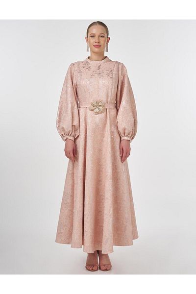 Kayra Balloon Sleeve Jacquard Stylish Dress Powder