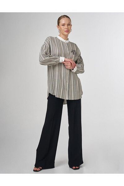 Kayra Judge Collar Embroidered Tunic Khaki