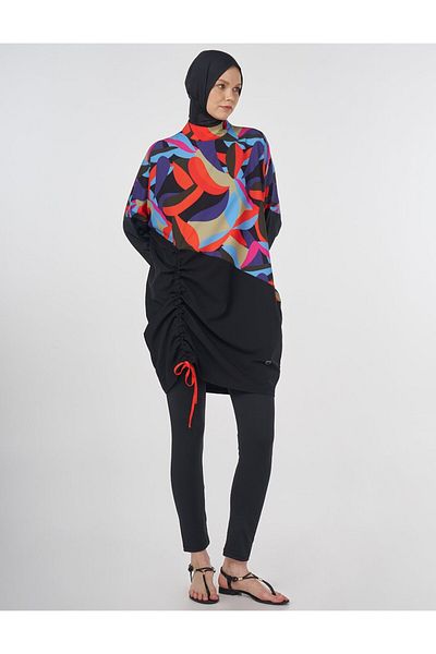 Kayra Gather Detailed Hijab Swimsuit Black