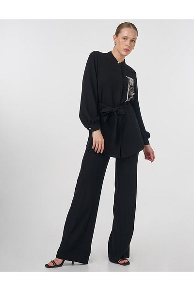 Kayra Judge Collar Belted Tunic Black