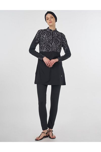 Kayra Complex Patterned Hijab Swimsuit Black