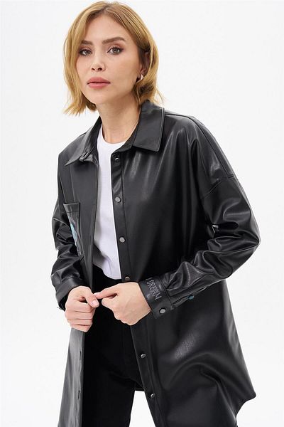 Kayra Print Detailed Faux Leather Tunic Black