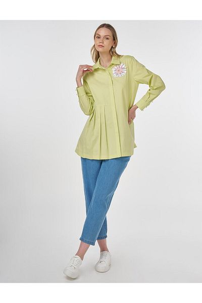 Kayra Sequin Sequin Embroidered Poplin Tunic Lime