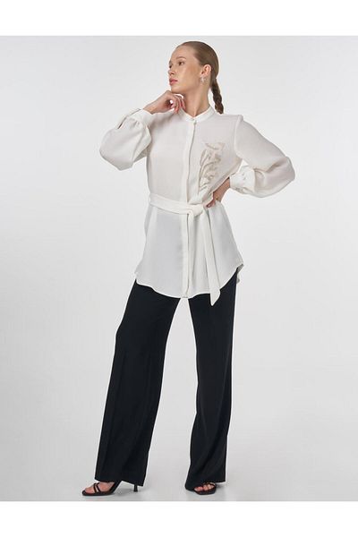 Kayra Judge Collar Belted Tunic Optical White
