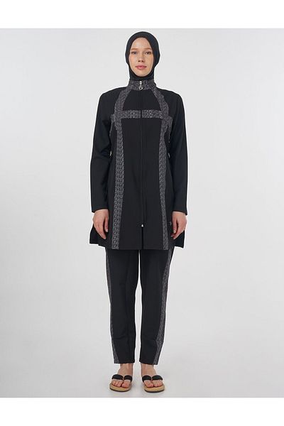 Kayra Striped Hijab Swimsuit Black