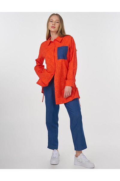 Kayra Denim Garnished Cotton Tunic Coral