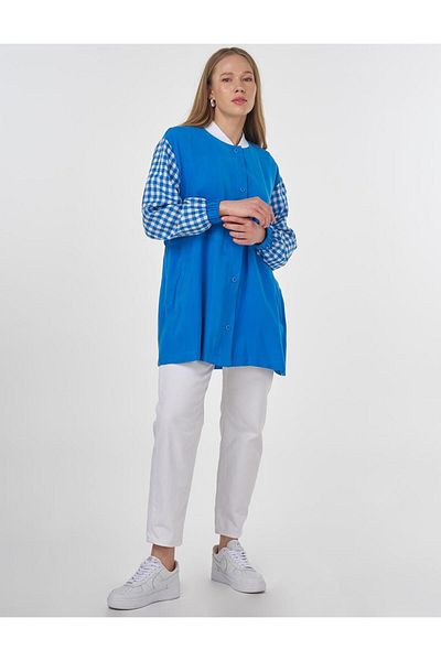 KYR Plaid Garnished College Collar Tunic Cobalt Blue