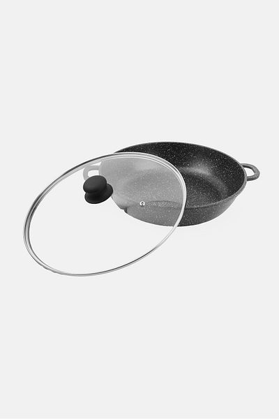 YOTO Cast Aluminium Shallow Casserole With Glass Lid 32 Cm, Black