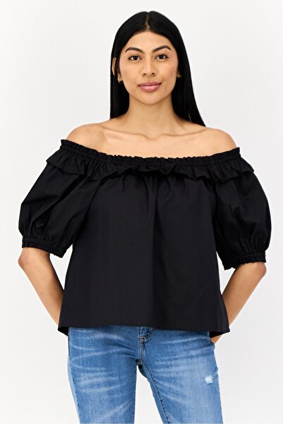 Salsa Women Off Shoulder Neck Short Sleeve Plain Blouse, Black