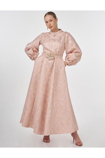 Kayra Balloon Sleeve Jacquard Stylish Dress Powder