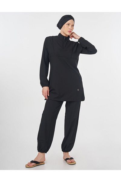Kayra Half Zipper Closure Hijab Swimsuit Black