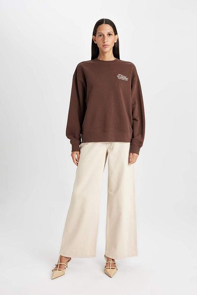 DeFacto Relax Fit Crew Neck Slogan Παχύ φούτερ με στάμπα D3136AX24WN