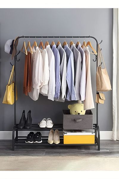 Saharaz Metal Clothes Hanger With 2 Storage Shelves, Hooks, 110x54x150cm, Organizer for Hanging Clothes