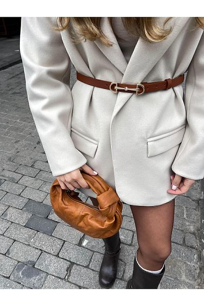 Tina Long Double Buckle Belt 2cm Tan