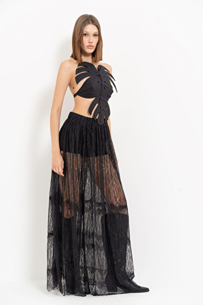 Kikiriki Fusta lungă din dantelă cu talie elastică neagră