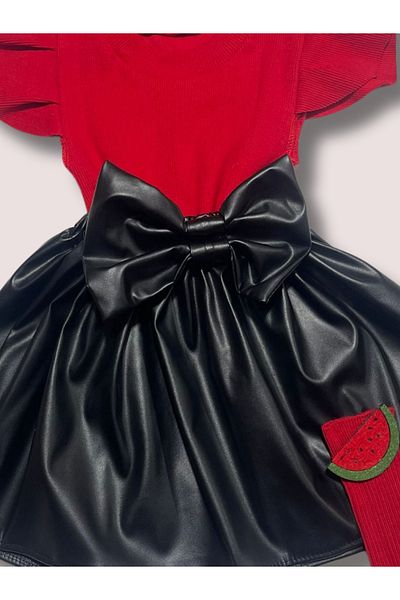 özge başaran Girl's Leather Skirt, Bow 3-Piece Set, Ruffled Sleeveless Badi, Watermelon Socks, Bandana 4,5,6,7 Years Old