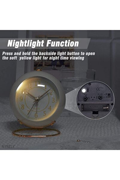 Khazna Desk Alarm Clock with Light, Silent No Ticking - Vintage