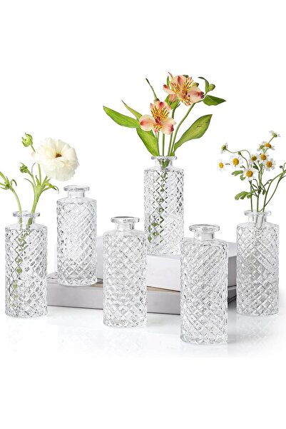 MAKINGTEC Glass Bud Vases Set of 6 - Diamond Pattern Mini Vases (Clear)