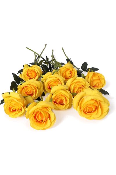 ALAYRA International 10 قطع من الورود الحريرية الصفراء العتيقة، زهور طويلة ال...