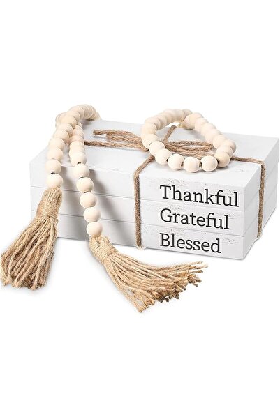 Arabest مجموعة كتب زخرفية مع سلسلة خرز خشبية، كتب بيضاء مزيفة لديكور المنزل ا...