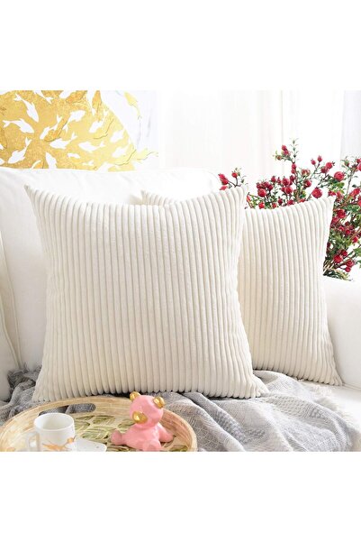 MERNETTE Pack of 2 Corduroy Decorative Square Throw Pillow Covers 45x45 cm (Striped Cream)