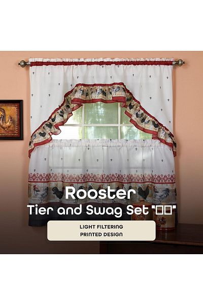 Generic Printed Tier and Swag Window Curtain Set - 57 Inch Width, 36 Inch Length - Rooster - Machine Washab