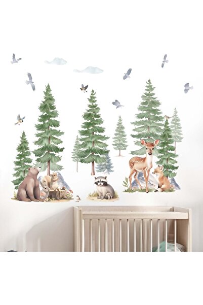 Amimagen Large Pine Tree Forest Animal Wall Stickers - Bear Fox Rabbit Decals...
