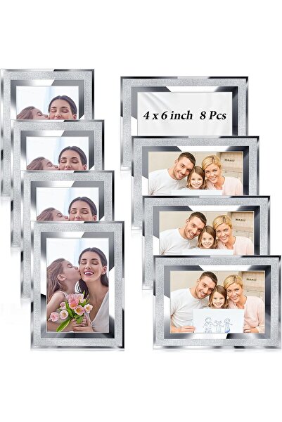 AZONEE 8 Pcs 4x6 Glass Picture Frames - Sparkling Crystal Silver Tabletop Holders