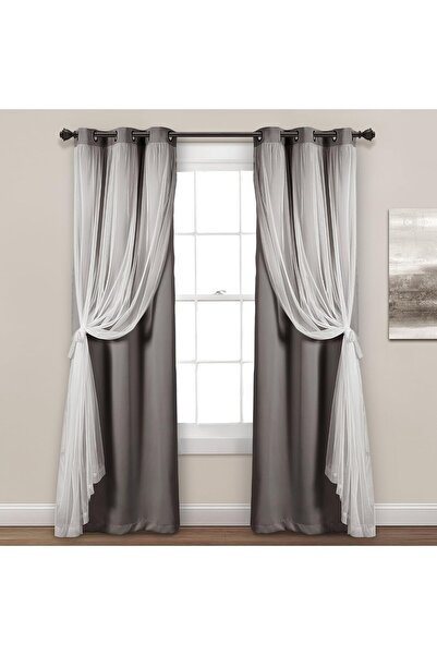 Lush Decor Sheer Grommet Curtains with Insulated Blackout Lining, 38" x 84", Dark Gray, Pair