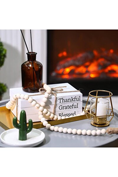 AZONEE 3 Pc Decorative White Faux Books with Wood Bead Chain (Thankful, Grateful, Blessed)