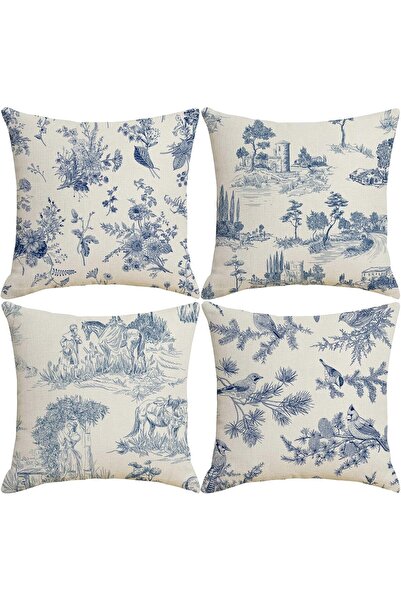 KASTWAVE Toile Throw Pillow Covers 18x18 inch Set of 4 Vintage Blue Chinoiserie
