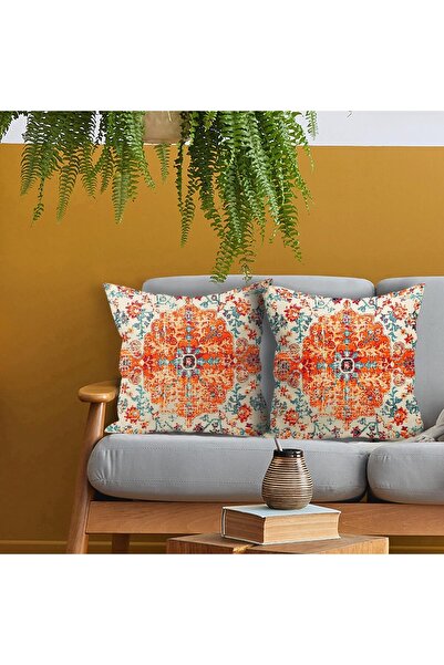 Generic Decorative Throw Pillow Covers, 45x45 cm, Vintage Boho Floral Pattern, Orange Blue, Double-Sided, Se