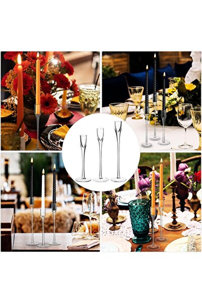 KASTWAVE Elegant Clear Glass Candle Holders Set of 3 (Tall Taper Holders)