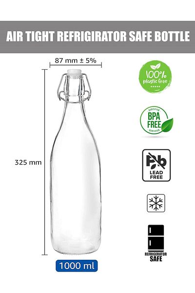 Generic Machak Glass Water Bottle For Fridge With Flip Cap, 1 Litre, Transparent (Set of 2)