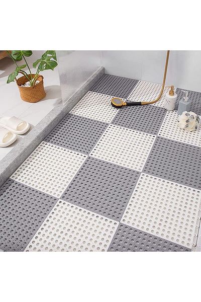 Generic Aputue Rubber Floor Tiles, 12 Pack Non-Slip Splicing Floor Drain Tile Mat with Holes, Soft PVC Bath