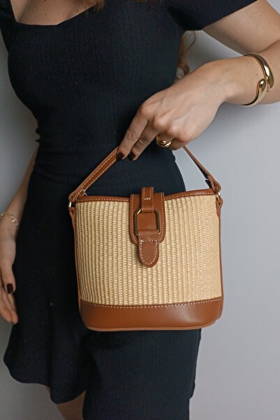 Glemix Geantă de umăr pentru femei Alin Straw Tan Contrast Bucket Model